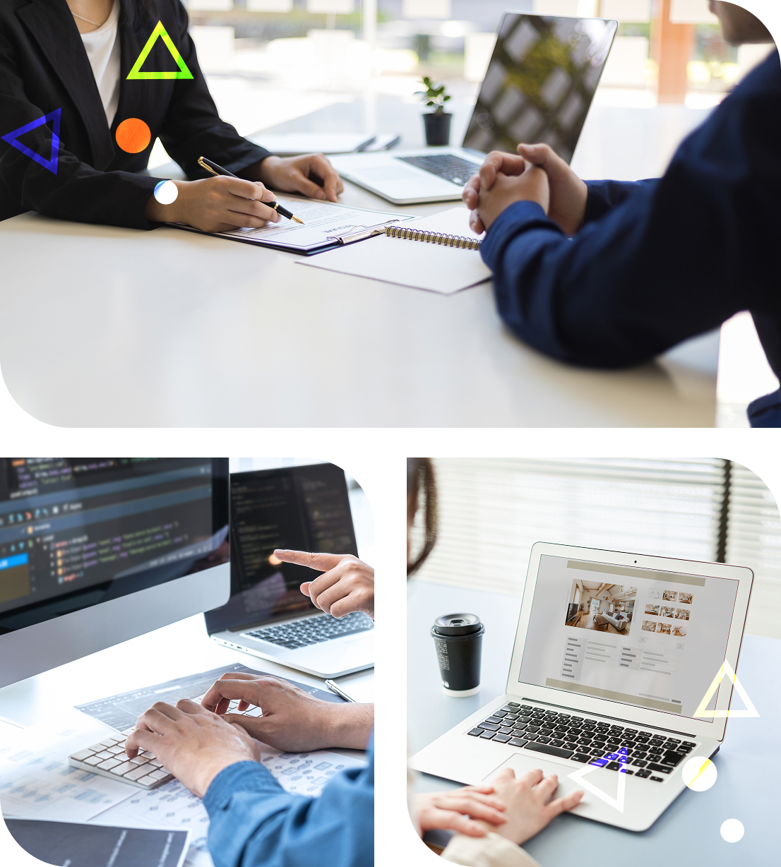 オフィスで打ち合わせや作業をする社員の写真